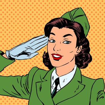 Woman pilot stewardess shape salutes art comics retro style Halftone. Imitation of old illustrations