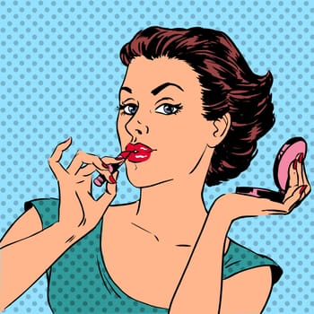 Girl paints lips with lipstick cosmetics beauty perfumes pop art retro comic vintage