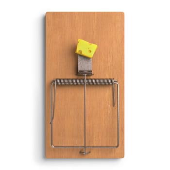 Mousetrap with cheese on white background. Clipping path included.