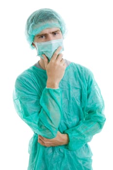 young male doctor worried, isolated on white