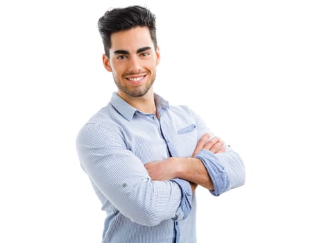 Happy and handsome young man talking at phone, isolated on white background