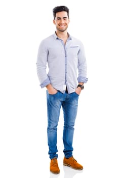Full length portrait of happy handsome young man isolated on white background