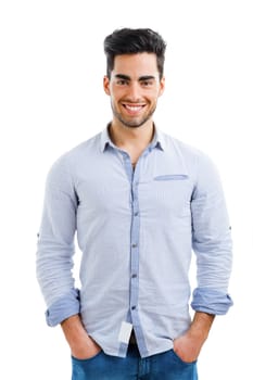 Portrait of happy handsome young man looking through his hands