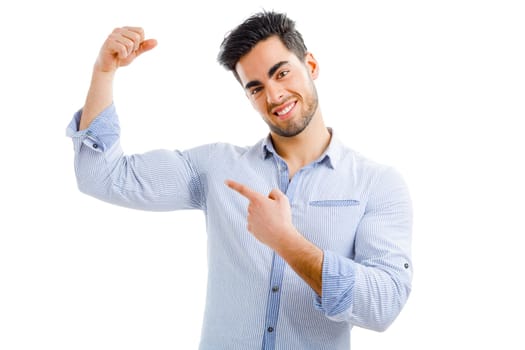 Portrait of handsome man pointing to a sweat armpit, isolated on white background