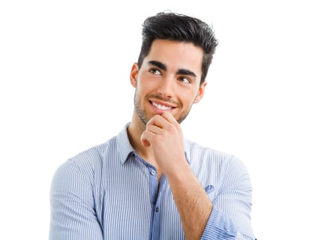 Happy and handsome young man talking at phone, isolated on white background