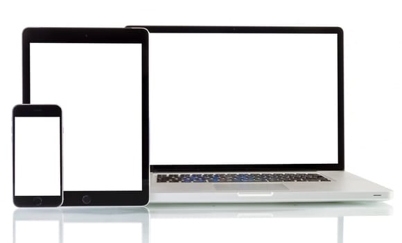 Modern monitor, computer, laptop, smartphone, tablet pc on a white background