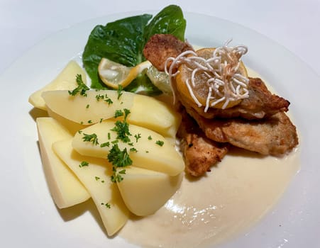 A deliciously prepared and served fillet of pike-perch on a white plate.