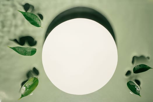 White circle copy space and small ficus leaves on transparent green water drop surface with flecks, waves, shade. Health care relaxation. Vacation coast sea natural concept. Flat lay. Place for text