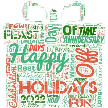 Big word cloud in the shape of present with words Happy Holidays.
