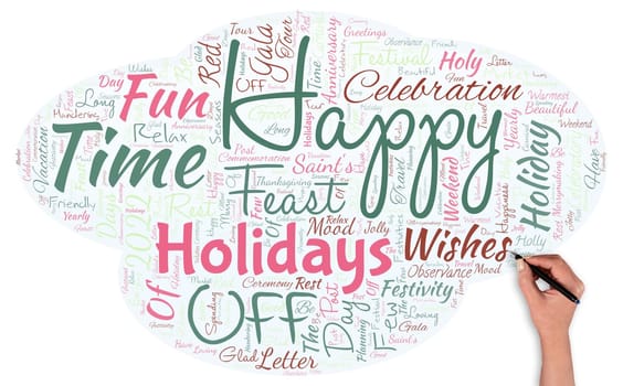 Big word cloud in the shape of UFO with pen with words Happy Holidays.