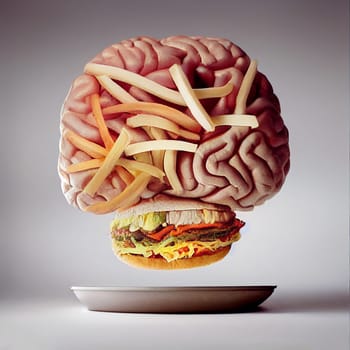 Illustration of a brain made from fast food, like a hamburger and chips, unhealthy eating and lifestyle, risk for obesity and diabetes