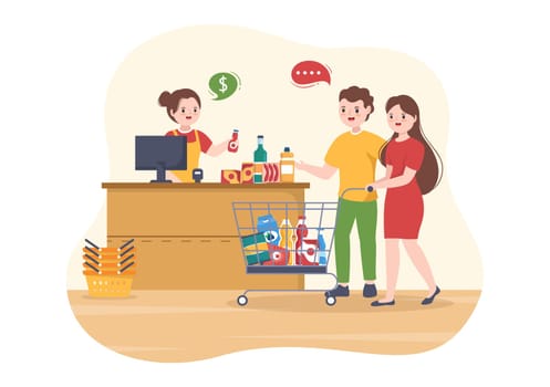 Grocery Store or Supermarket with Food Product Shelves, Racks Dairy, Fruits and Drinks for Shopping in Flat Cartoon Hand Drawn Templates Illustration