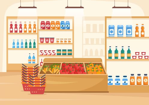 Grocery Store or Supermarket with Food Product Shelves, Racks Dairy, Fruits and Drinks for Shopping in Flat Cartoon Hand Drawn Templates Illustration