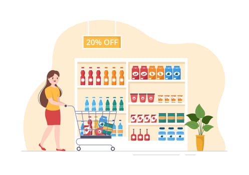 Grocery Store or Supermarket with Food Product Shelves, Racks Dairy, Fruits and Drinks for Shopping in Flat Cartoon Hand Drawn Templates Illustration
