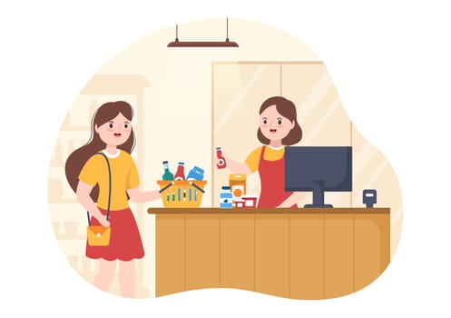 Grocery Store or Supermarket with Food Product Shelves, Racks Dairy, Fruits and Drinks for Shopping in Flat Cartoon Hand Drawn Templates Illustration