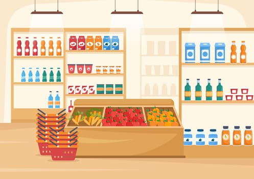 Grocery Store or Supermarket with Food Product Shelves, Racks Dairy, Fruits and Drinks for Shopping in Flat Cartoon Hand Drawn Templates Illustration