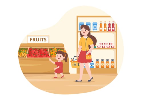Grocery Store or Supermarket with Food Product Shelves, Racks Dairy, Fruits and Drinks for Shopping in Flat Cartoon Hand Drawn Templates Illustration