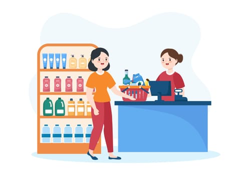Grocery Store or Supermarket with Food Product Shelves, Racks Dairy, Fruits and Drinks for Shopping in Flat Cartoon Hand Drawn Templates Illustration