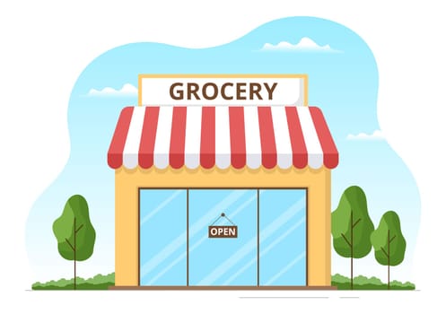 Grocery Store or Supermarket with Food Product Shelves, Racks Dairy, Fruits and Drinks for Shopping in Flat Cartoon Hand Drawn Templates Illustration