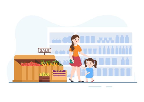 Grocery Store or Supermarket with Food Product Shelves, Racks Dairy, Fruits and Drinks for Shopping in Flat Cartoon Hand Drawn Templates Illustration
