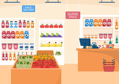 Grocery Store or Supermarket with Food Product Shelves, Racks Dairy, Fruits and Drinks for Shopping in Flat Cartoon Hand Drawn Templates Illustration