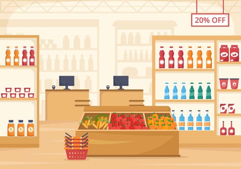 Grocery Store or Supermarket with Food Product Shelves, Racks Dairy, Fruits and Drinks for Shopping in Flat Cartoon Hand Drawn Templates Illustration
