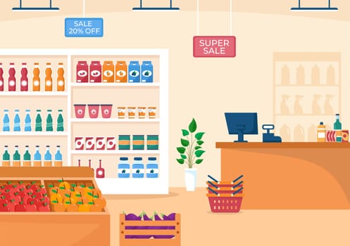 Grocery Store or Supermarket with Food Product Shelves, Racks Dairy, Fruits and Drinks for Shopping in Flat Cartoon Hand Drawn Templates Illustration