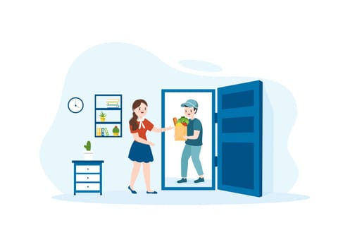 Online Grocery Store or Supermarket to Order Daily Necessities or Food via the App in Flat Cartoon Hand Drawn Templates Illustration