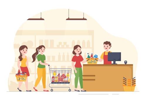 Grocery Store or Supermarket with Food Product Shelves, Racks Dairy, Fruits and Drinks for Shopping in Flat Cartoon Hand Drawn Templates Illustration