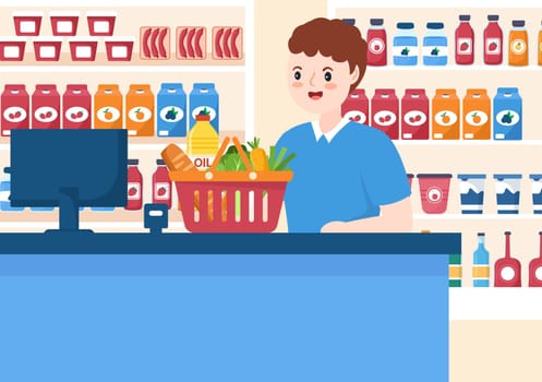 Grocery Store or Supermarket with Food Product Shelves, Racks Dairy, Fruits and Drinks for Shopping in Flat Cartoon Hand Drawn Templates Illustration