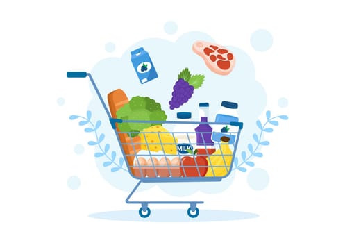 Grocery Store or Supermarket with Food Product Shelves, Racks Dairy, Fruits and Drinks for Shopping in Flat Cartoon Hand Drawn Templates Illustration