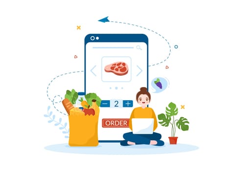 Online Grocery Store or Supermarket to Order Daily Necessities or Food via the App in Flat Cartoon Hand Drawn Templates Illustration