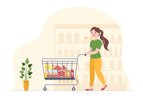 Grocery Store or Supermarket with Food Product Shelves, Racks Dairy, Fruits and Drinks for Shopping in Flat Cartoon Hand Drawn Templates Illustration
