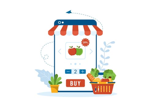 Online Grocery Store or Supermarket to Order Daily Necessities or Food via the App in Flat Cartoon Hand Drawn Templates Illustration
