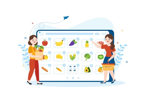 Online Grocery Store or Supermarket to Order Daily Necessities or Food via the App in Flat Cartoon Hand Drawn Templates Illustration