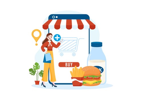 Online Grocery Store or Supermarket to Order Daily Necessities or Food via the App in Flat Cartoon Hand Drawn Templates Illustration