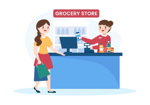 Grocery Store or Supermarket with Food Product Shelves, Racks Dairy, Fruits and Drinks for Shopping in Flat Cartoon Hand Drawn Templates Illustration