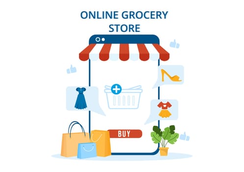 Online Grocery Store or Supermarket to Order Daily Necessities or Food via the App in Flat Cartoon Hand Drawn Templates Illustration