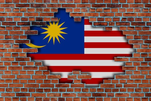 3D Flag of Malaysia behind the broken old stone wall background.
