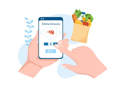 Online Grocery Store or Supermarket to Order Daily Necessities or Food via the App in Flat Cartoon Hand Drawn Templates Illustration