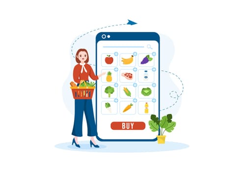 Online Grocery Store or Supermarket to Order Daily Necessities or Food via the App in Flat Cartoon Hand Drawn Templates Illustration