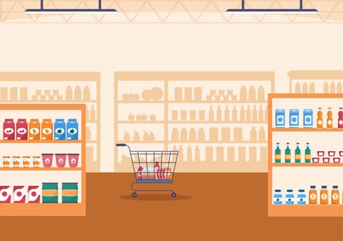 Grocery Store or Supermarket with Food Product Shelves, Racks Dairy, Fruits and Drinks for Shopping in Flat Cartoon Hand Drawn Templates Illustration