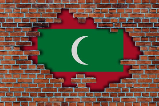 3D Flag of Maldives behind the broken old stone wall background.