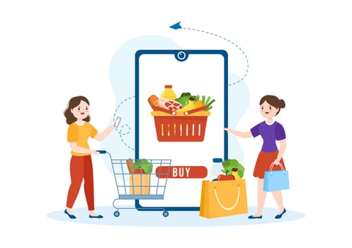 Online Grocery Store or Supermarket to Order Daily Necessities or Food via the App in Flat Cartoon Hand Drawn Templates Illustration