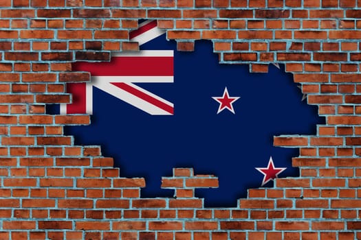 3D Flag of New Zealand behind the broken old stone wall background.