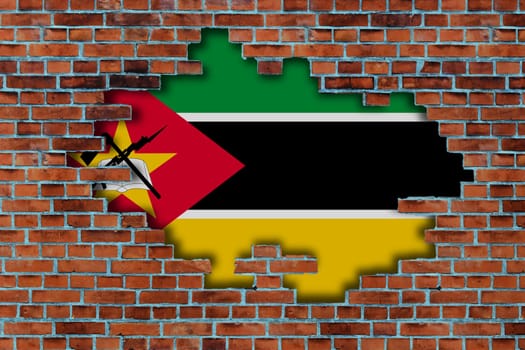 3D Flag of Mozambique behind the broken old stone wall background.