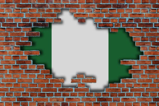 3D Flag of Nigeria behind the broken old stone wall background.