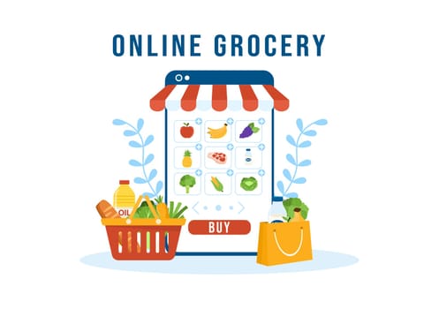 Online Grocery Store or Supermarket to Order Daily Necessities or Food via the App in Flat Cartoon Hand Drawn Templates Illustration