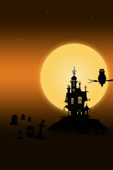 3D illustration Happy Halloween concept in fantasy on a orange background.