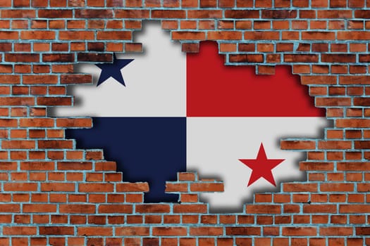 3D Flag of Panama behind the broken old stone wall background.